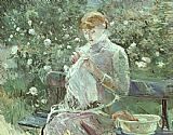 Garden Canvas Paintings - Young Woman Sewing in a Garden
